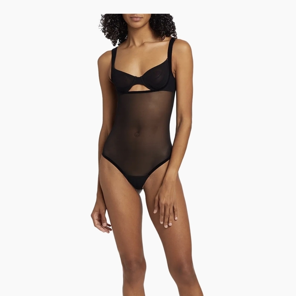 Wolford Black Sheer Tulle Forming Thong Bodysuit Sz 4